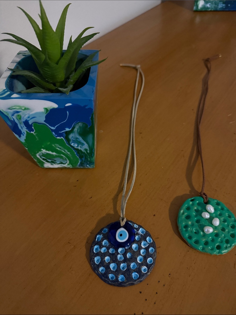 Handmade Ceramic Evil Eye Necklace Pendant - Blue and Green